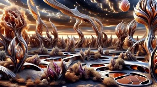 mushroom landscape,tulip fields,tulip field,arid landscape,flowerful desert,fractal environment