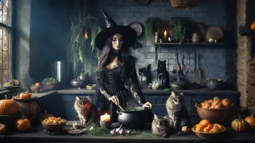 a woman dressed up in witches costume standing near a table full of cats and pumpkins,samhain,the witch,halloween witch,witch house,celebration of witches,halloween scene