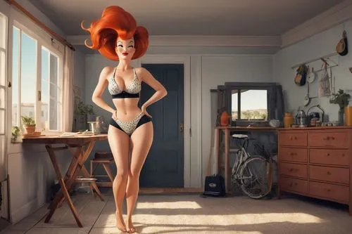 one person, a single beauty woman, middle red hair ((female tex avery)), larger chest, tiny bodice, sports shorts with slipper, stand pose from head to toes, living home,giganta,pin-up girl,redhead do