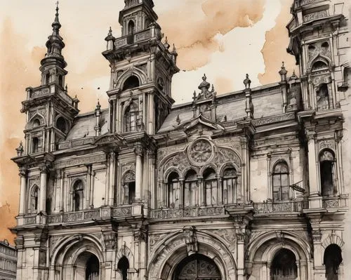 santiago de compostela,catedral,cathedral,seville,sevilla,delgada,compostela,churrigueresque,iglesia,basilique,mafra,minor basilica,quito,valladolid,zaragoza,baroque building,velankanni,evangelical cathedral,lugo,toluca,Illustration,Black and White,Black and White 34