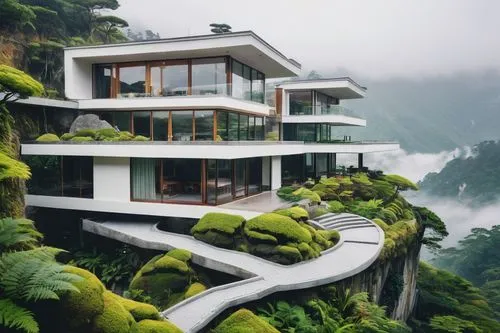 house in mountains,house in the mountains,cliffside,tigers nest,dreamhouse,beautiful home,landscaped,roof landscape,terraced,tropical house,asian architecture,luxury property,shaoming,luxury real estate,green waterfall,forest house,luxury home,house by the water,modern architecture,tropical greens,Illustration,Japanese style,Japanese Style 04