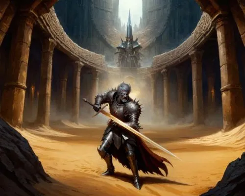 Looking down at a knight in spikey armor with a long sword  in the center of a sandy arena 1970s dark fantasy style illustration, gritty, painterly textures,a man with a sword in an arena,dark elf,kha