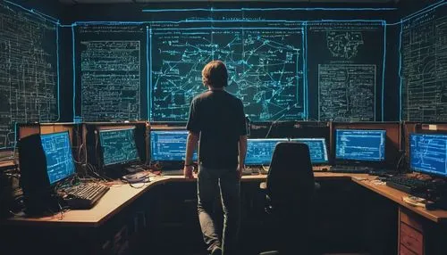 Von Neumann architecture vs Harvard architecture, futuristic computer room, dim blue lighting, rows of sleek servers, wires and cables neatly organized, a large transparent glass wall separating the r