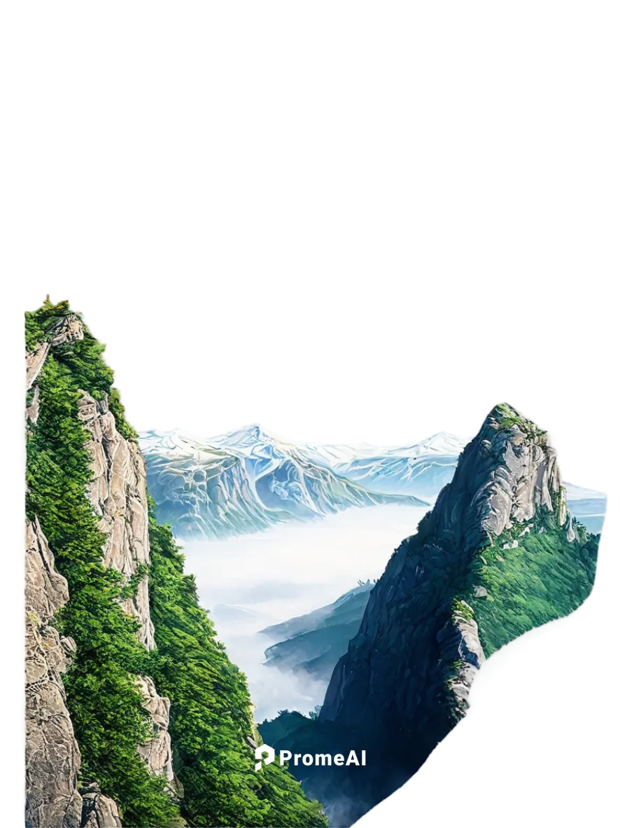 Huge mountain range, majestic peak, snow-capped summit, lush green forest, misty valley, rocky cliffs, serene lake, gentle waterfall, warm sunlight, panoramic view, atmospheric perspective, cinematic 