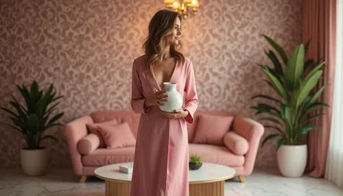 long dress,pajama,soft pink,light pink,pyjama,loungewear,a floor-length dress,girl in a long dress,nightgown,fringed pink,pajamas,pyjamas,woman drinking coffee,baby pink,housecoat,filippa,dusky pink,the little girl's room,housedress,nightwear,Photography,General,Realistic