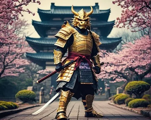 Dragonborn Samurai, standing proudly, fierce facial expression, sharp teeth, golden dragon scales, samurai armor, kabuto helmet, katana sword, scabbard, obi belt, geta sandals, Japanese traditional ba