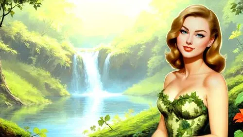 masterpiece oil painting, dark colors, cute nature nymph, Poison Ivy leaf dress, retro vintage style, 1950's style nostalgic kitsch scene, water forest maiden, vast cozy serene scenery, dramatic light