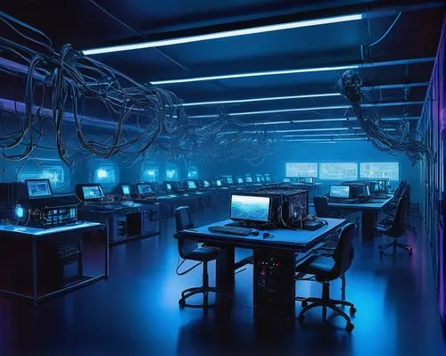 Generating AI image, futuristic laboratory, sci-fi setting, sleek metal tables, rows of computer screens, wires and cables tangled around, robotic arms assembling parts, 3D printers humming in the bac