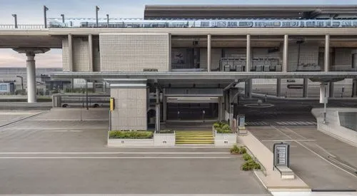 ELEVATION OF A METRO STATION. ADD PLANTS UNDER THE BRIDGE BUSTING WITH ACTIVITY,multi storey car park,kansai university,car park,underground car park,brutalist architecture,transport hub,parking syste