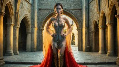 bodypainting,bodypaint,cersei,akhnaten,tunick,vampirella,rahab,nihang,man in red dress,priestess,melisandre,fantasy woman,kneel,flagellation,body painting,accolade,poppea,enrobed,orange robes,simony