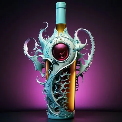 mixing spectral texture with generative shapes covered all the body of bottle , inspired by modern style, write S&D letters with creative fonts , adding asymmetry spiral motives ,wine bottle,a bottle 