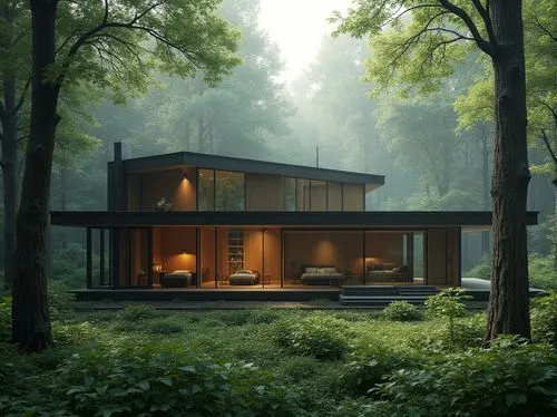 Bauhaus building, harmonizing with nature, forest landscape, surrounded by tall trees, modernist architecture, clean lines, rectangular shapes, large windows, sliding glass doors, wooden accents, mini