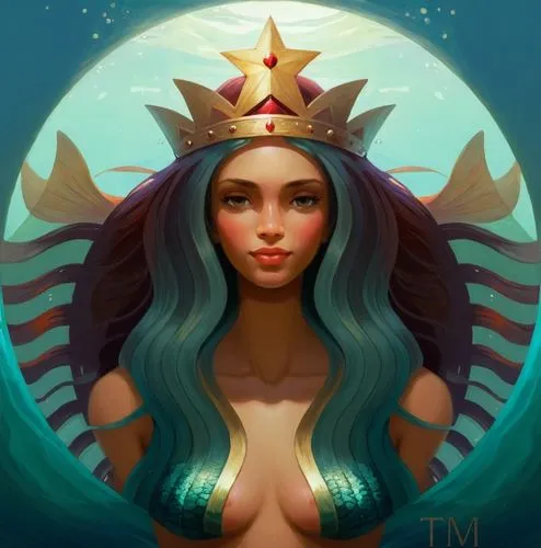 Long-haired mermaid with a crown,mermaid vectors,amphitrite,star mother,sirena,fantasy portrait,atlantean,oshun,moana,sona,inara,inanna,aquarius,nereid,baoshun,mermaid background,diana,mera,alani,ness