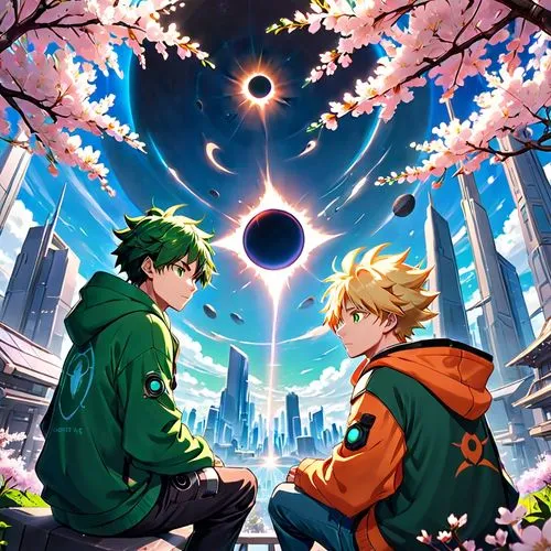 sun and moon,my hero academia,cg artwork,bright sun,double sun,moon and star,falling stars,would a background,boruto,sun moon,golden sun,the moon and the stars,celestial event,spring background,reverse sun,celestial phenomenon,lantern,star flower,star sky,falling star,Anime,Anime,Realistic