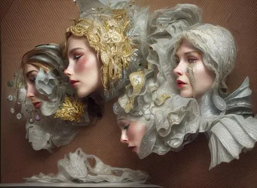 three women wearing white clothes and lace, with gold hair,mirror image,the mirror,masques,triptych,mirrormask,mirrors,Product Design,Jewelry Design,Europe,Innovative