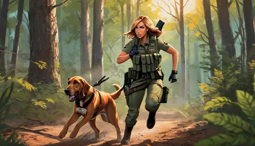 girl with dog,malinois,bloodhound,companion dog,scent hound,bavarian mountain hound,huntress,hunting dogs,ranger,posavac hound,vizsla,vizla,gsd,dog walker,dog illustration,vigilant,dobermann,dog hiking,doberman,sci fiction illustration,Illustration,Abstract Fantasy,Abstract Fantasy 23