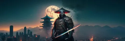 extend it with mountains with ninjas on top of the building in the background,a man in armor is holding two swords while standing by the moon,sutekh,sith,filoni,starkiller,revan,darth maul,darth talon