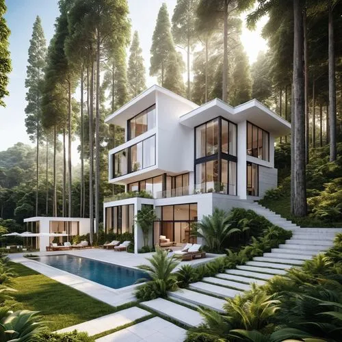 house in the forest,forest house,modern house,luxury property,tropical house,holiday villa,Photography,General,Realistic