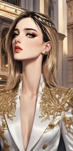 the woman wearing a suit and diamond jewelry looks off into the distance,derivable,majima,mmd,balmain,bey,glamorization