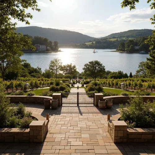 Serene lake views, lush vineyards, rolling hills, rustic stone walls, wooden trellises, wine barrel planters, elegant fountains, meandering pathways, natural stone pavers, rustic metal gates, scenic o