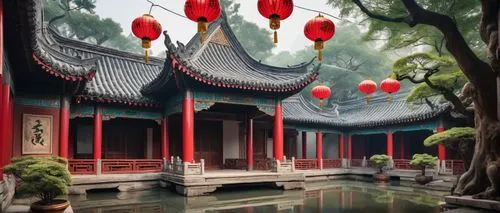 Ancient Chinese, traditional, intricate carvings, upturned eaves, curved rooflines, red lanterns, golden accents, wooden pillars, ceramic tiles, complex bracket systems, ornate doors, stone lion guard