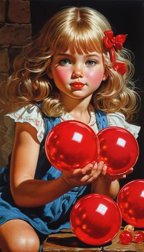 Write a heartwarming story about a young girl who receives a red bubblegum as a lucky charm.,red balloons,girl with cereal bowl,red balloon,little girl with balloons,cherries in a bowl,painting eggs,r