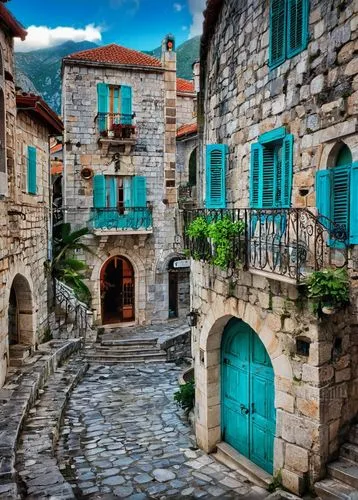 Historic Yugoslavian architecture, intricate stone carvings, ornate facades, grandiose columns, vibrant turquoise roofs, rusticated walls, asymmetrical composition, detailed stonework, aged patina, su