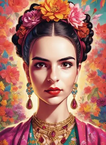 Portrait of Frida kahlo, bright and saturated colors, elegant, highly detailed, vogue, fashion magazine, sharp focus, Bright expressive makeup, Dramatic Lighting, Depth of field, Incredibly high detai