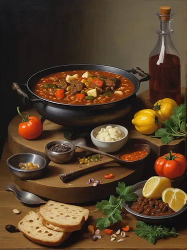 In a fantasy kingdom, depict how a goulash recipe made with magical ingredients has the power to heal and revive. ,mediterranean cuisine,beef goulash,goulash,cholent,fabada asturiana,pasta e fagioli,m