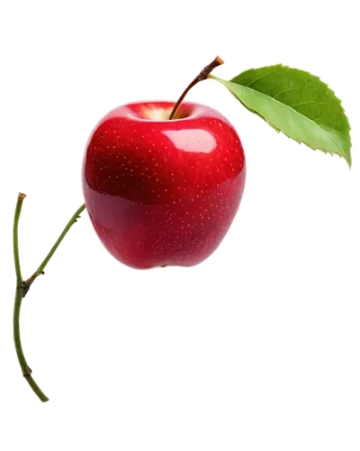 Red delicious apple, highly detailed, HD resolution, glossy skin, bright green leaves, stem attached, solitary object, white background, soft natural light, 3/4 composition, shallow depth of field, vi