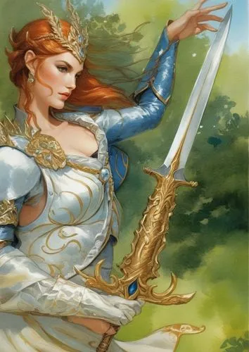 воительница эльфийка с мечом, колдует в лесу,a picture of a woman dressed as snow queen,seregil,mervat,kushana,sigyn,arianrhod,etain