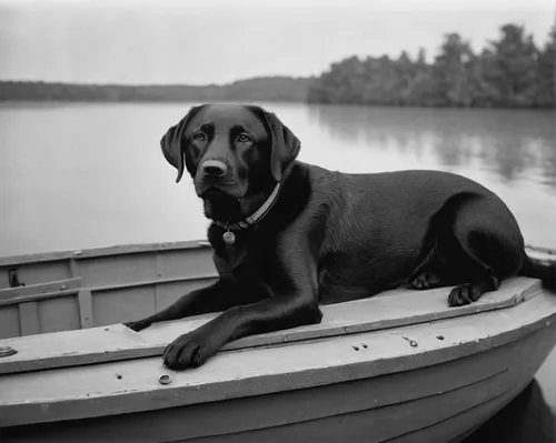 a labrador retriever resting on a boat in a lake,finnish hound,dobermann,labrador,estonian hound,norwegian buhund,halden hound,dog photography,hanover hound,coonhound,tamaskan dog,doberman,agfa isolet