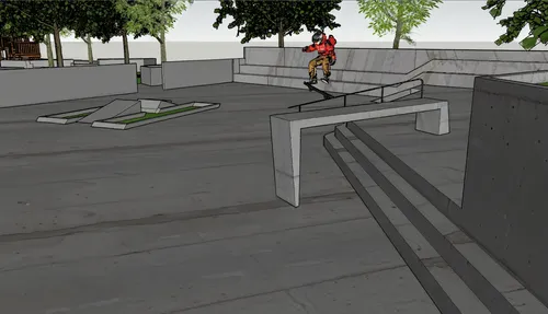 skatepark,skate park,street furniture,3d rendering,halfpipe,grind rail,under ground hydrant,flatland bmx,kickflip,concrete slabs,wheelchair accessible,cattle trough,public space,handrails,half-pipe,ramp,skateboarding,half pipe,curb,benches