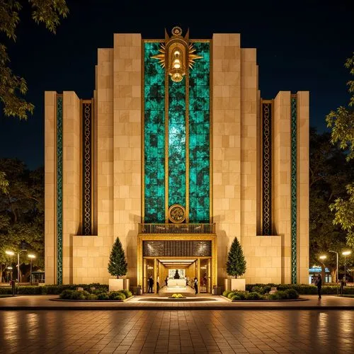 Opulent Art Deco monument, lavish gold accents, rich bronze tones, luxurious marble surfaces, vibrant turquoise mosaics, bold geometric patterns, ornate metalwork details, sunburst motifs, stylized fl