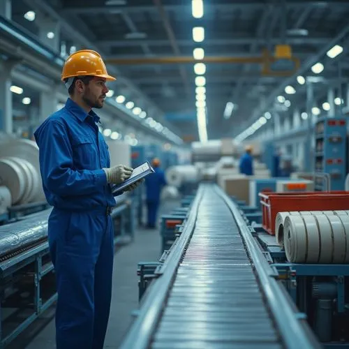 Industrial setting, factory interior, polyethylene materials, rolls of plastic sheets, corrugated pipes, machines, conveyor belts, worker in blue uniform, gloves, safety helmet, holding clipboard, ins