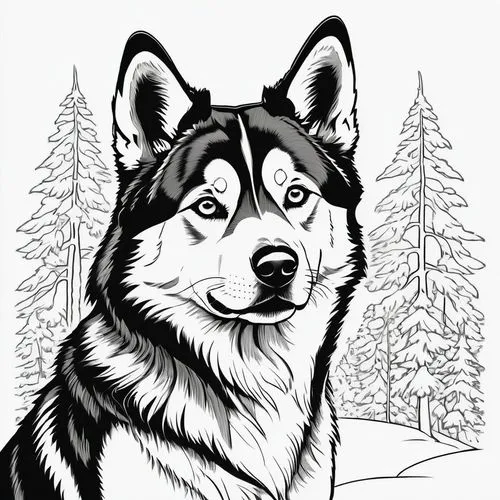 coloring pages,dog line art,dog illustration,coloring page,malamute,balto,Illustration,Black and White,Black and White 21