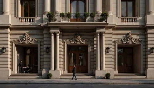 Ornate Corinthian capitals, fluted columns, intricately carved acanthus leaves, polished marble bases, symmetrical facade, grand entranceways, arched windows, ornamental keystones, rusticated quoins, 