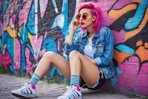 pink hair,pink shoes,converse,punk,vans,striped socks,colorful background,pink glasses,sneakers,watercolor socks,neon candies,tie dye,colorful,grunge,neon colors,fashionable girl,blue hair,adidas,hipster,roller skating,Photography,Documentary Photography,Documentary Photography 25