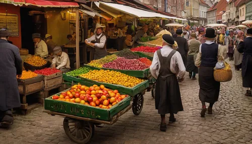 Transport the reader to a bustling Saale Unstrut market, filled with the aromas, sounds, and colors of local produce.,market vegetables,greengrocer,fruit market,vegetable market,the market,medieval ma