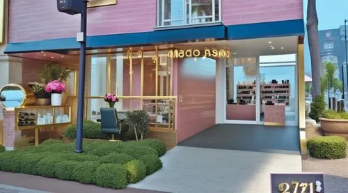 Fachada salon de belleza de lujo y tienda de maquillaje con mostradores bien surtidos, peluquería spa de lujo decoración de pestañas y uñas, ambiente agradable con muchas plantas y flores  letrero bri