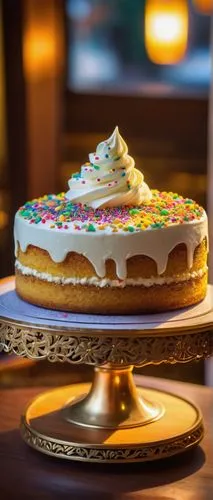 Delicious ai cake, Japanese-style dessert, sweet creamy frosting, moist vanilla sponge, colorful sprinkles, golden decoration, ornate cake stand, dimly lit coffee shop, afternoon sunlight, cozy atmosp