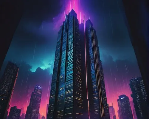 cybercity,supertall,skyscraper,barad,the skyscraper,futuristic landscape,cybertown,metropolis,megacorporation,skyscraping,skyscrapers,cyberpunk,highrises,ctbuh,cyberport,monoliths,guangzhou,coruscant,megacorporations,skycraper,Illustration,Retro,Retro 23