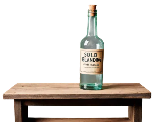 Transparent glass, empty bottle, sold out sign, worn-out wooden shelf, dusty background, dim lighting, close-up shot, shallow depth of field, warm color tone, vintage style.,isolated bottle,retro kero