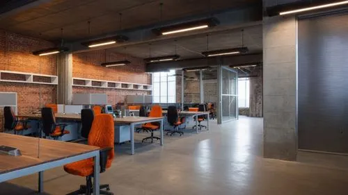 oficina estilo industrial. realista,an empty office has orange chairs and white desks,modern office,hubspot,offices,bureaux,conference room,chefs kitchen,Photography,General,Realistic