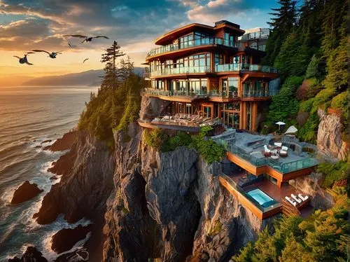 vancouver island,cliffside,cliffs ocean,raincoast,tatoosh,clifftop,oceanfront,tree house hotel,cliff top,ocean view,dreamhouse,beach house,british columbia,oceanview,beautiful home,clifftops,cliff coast,beachfront,house by the water,house in mountains,Conceptual Art,Fantasy,Fantasy 26