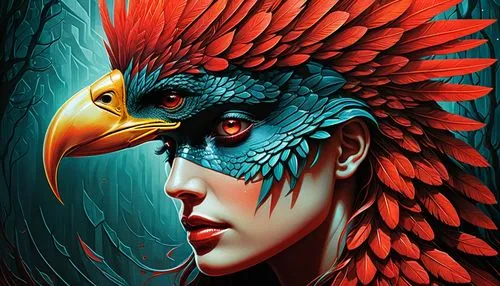 a painting of a woman with a bird on her head, digital art, by tomasz alen kopera, peter gric and dan mumford, with the beak of an eagle, artwork of a phoenix, bird head, greg beeple, vision, beeple a