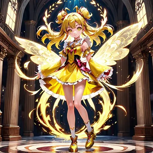 a magical girl with yellow powers,a anime girl is dressed in gold and holds a sword,shinobu,yang,angelil,lachesis,citrina,toshinobu,Anime,Anime,General