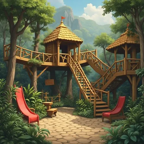 adventure bridge,treehouse,tree house hotel,cartoon video game background,bird kingdom,tree house