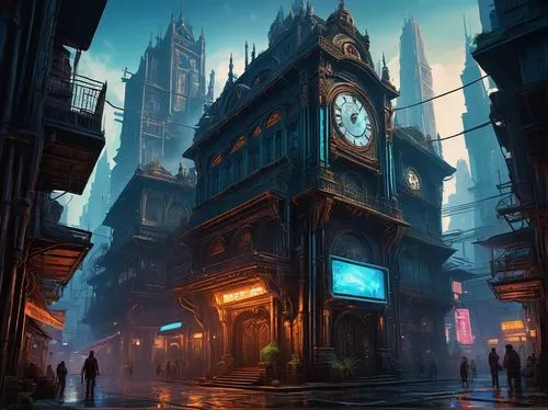 bioshock,dishonored,clocktower,theed,clock tower,arkham,fantasy city,varsavsky,coldharbour,clockwatchers,street clock,city corner,sansar,imperialis,metropolis,ancient city,cybercity,midan,undercity,mekka,Illustration,Paper based,Paper Based 07