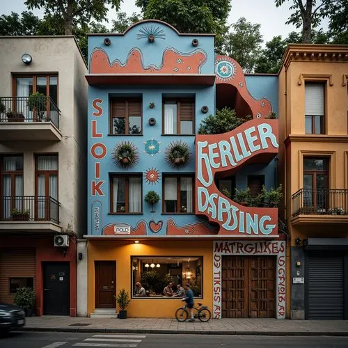 Ornate facades, playful asymmetry, irregular shapes, vibrant color schemes, bold typography, eclectic mix of materials, distressed finishes, ornamental details, curvilinear forms, fragmented structure